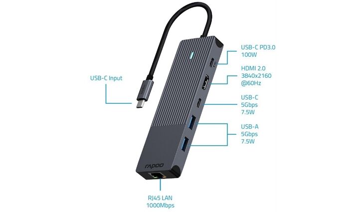 Rapoo 217689 USB-C 6-in-1 Multiport Adapter